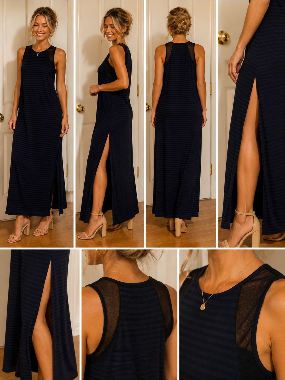NWT Laila Jayde Navy Striped Sleeveless Maxi Dress with Side Slit